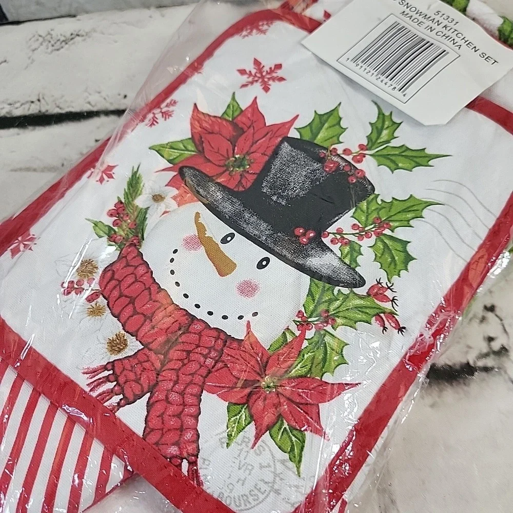 Christmas Towels Oven Mitt Hot Pad 4pc Kitchen Set Snowman Poinsettias New